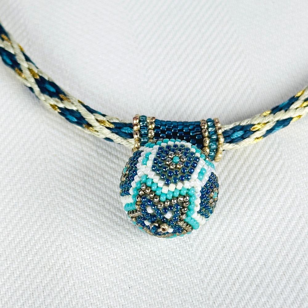 Artisan Boho Teal Blue Gold Crochet Seed Beaded Orb Braided Cord Necklace - Picture 6 of 7